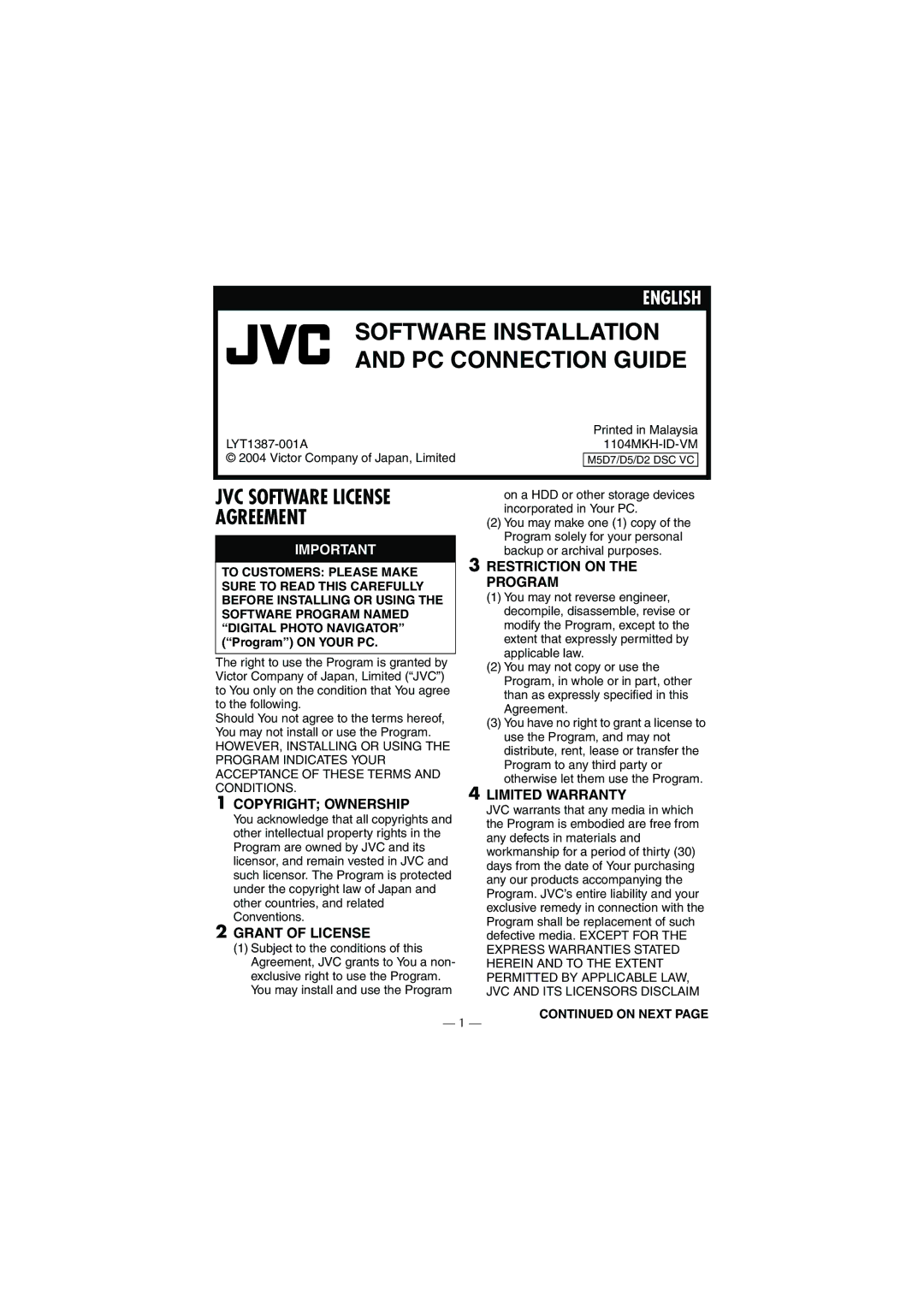 JVC LYT1393-001A manual Software Installation and PC Connection Guide 