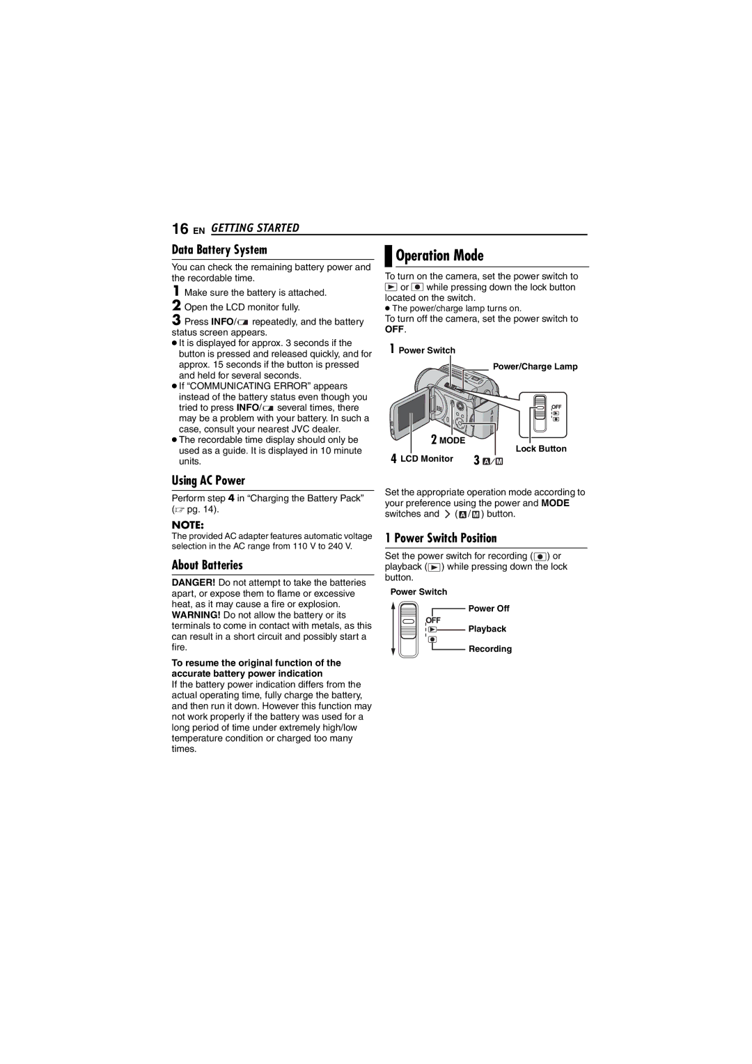 JVC LYT1495-001A manual Operation Mode, Data Battery System, Using AC Power, About Batteries 