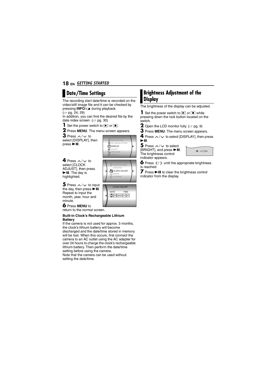 JVC LYT1495-001A manual Date/Time Settings Brightness Adjustment, Display, Built-in Clock’s Rechargeable Lithium Battery 