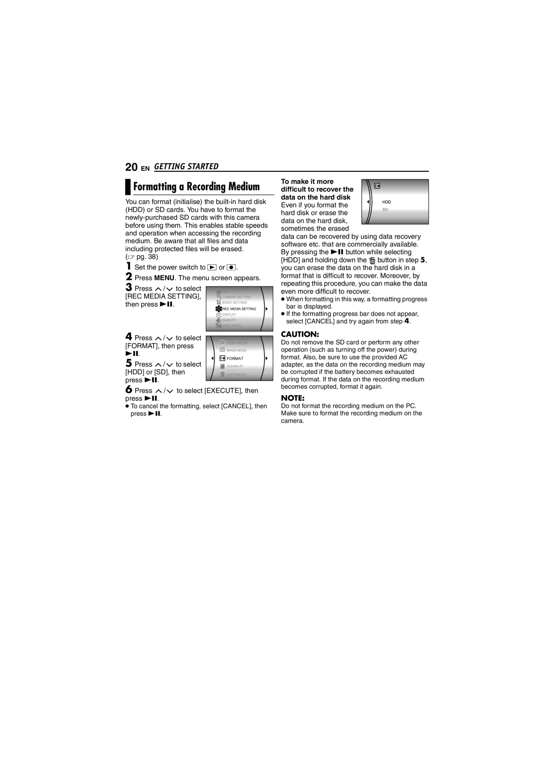 JVC LYT1495-001A manual Formatting a Recording Medium, To make it more Difficult to recover Data on the hard disk 