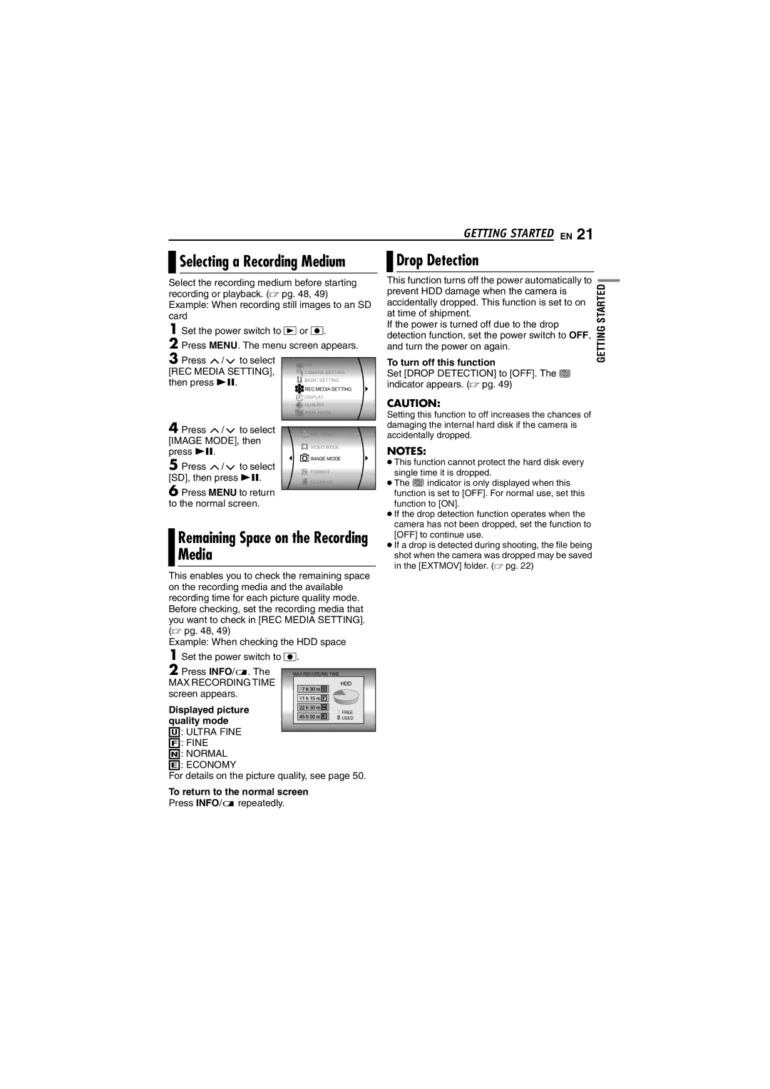 JVC LYT1495-001A manual Drop Detection, Remaining Space on the Recording Media, Selecting a Recording Medium 