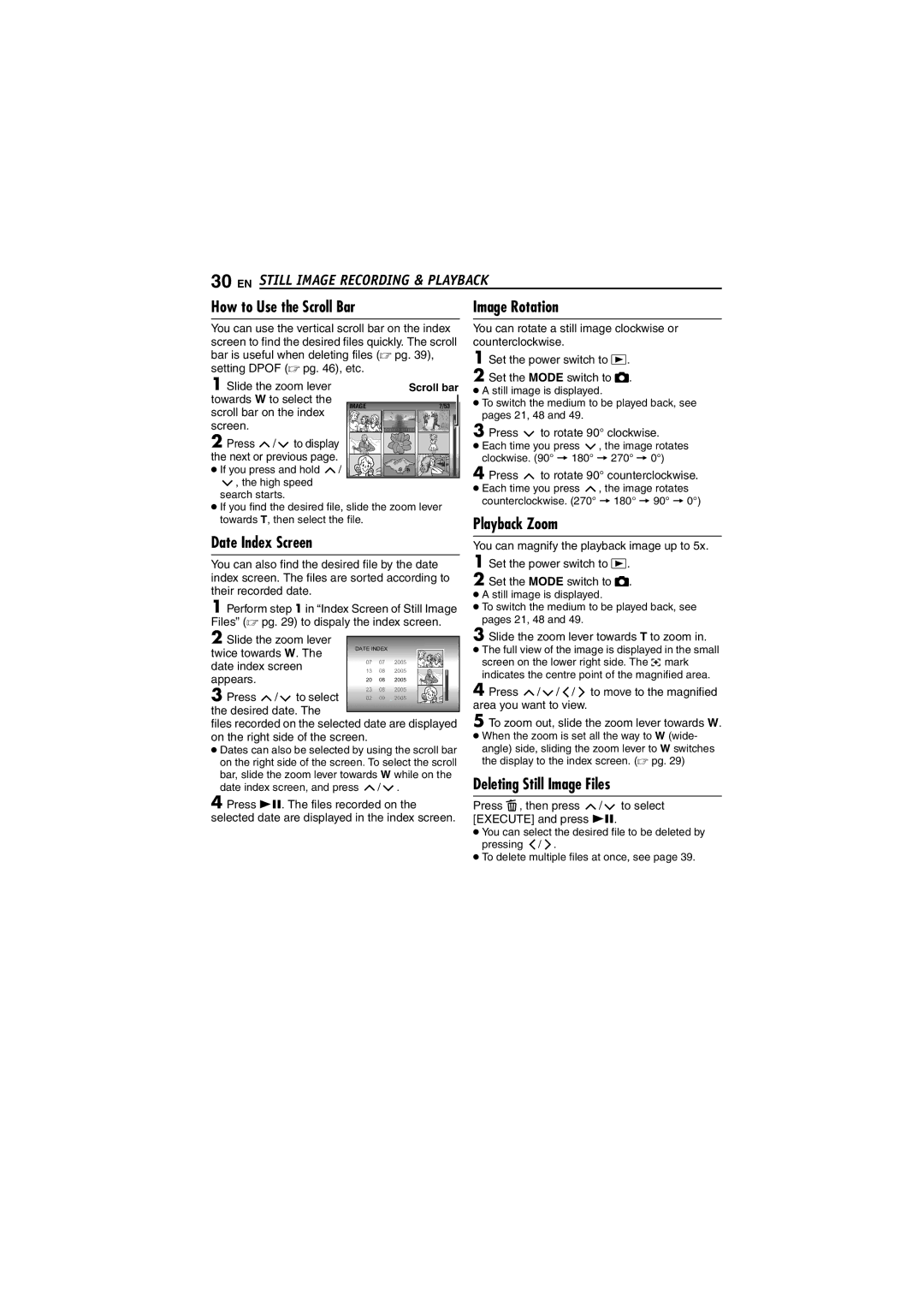 JVC LYT1495-001A manual Playback Zoom Date Index Screen, Deleting Still Image Files 
