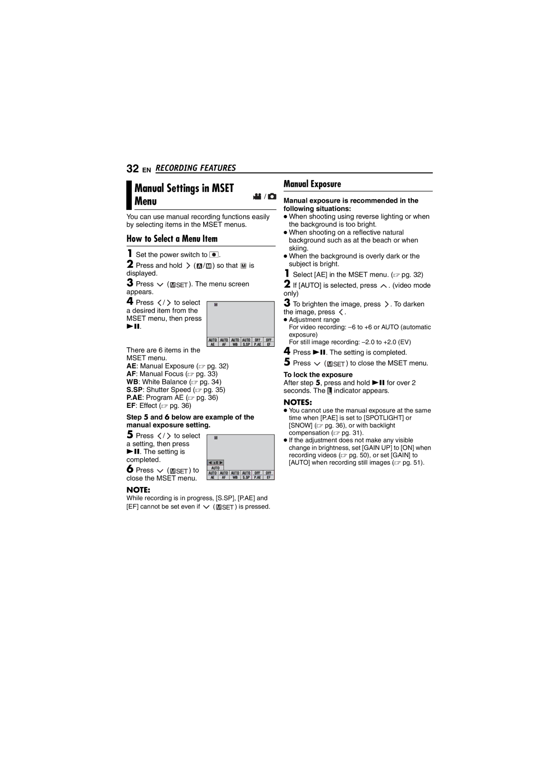 JVC LYT1495-001A manual Manual Exposure Menu, Manual Settings in Mset 