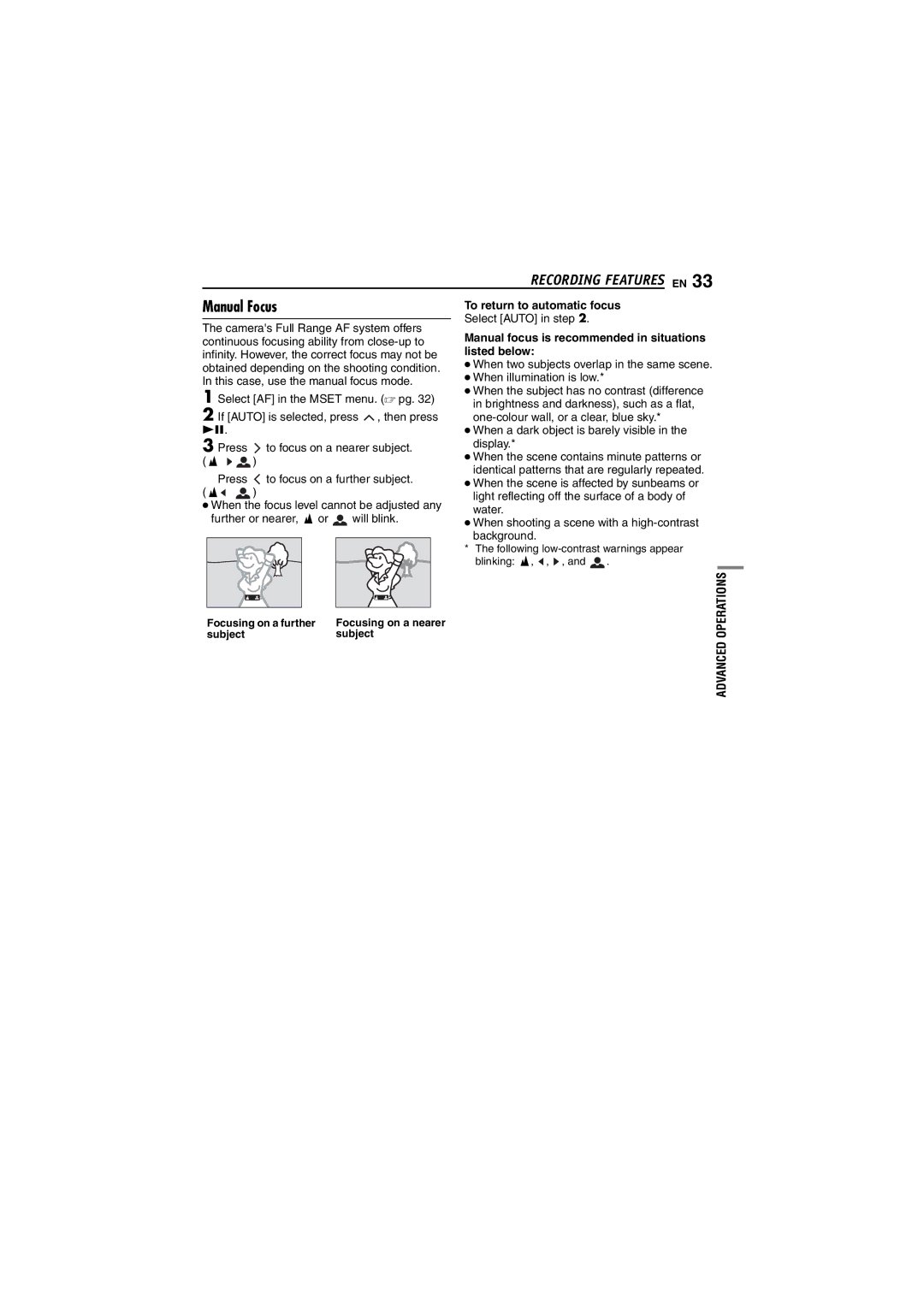 JVC LYT1495-001A manual Manual Focus, To return to automatic focus, Select Auto in step 