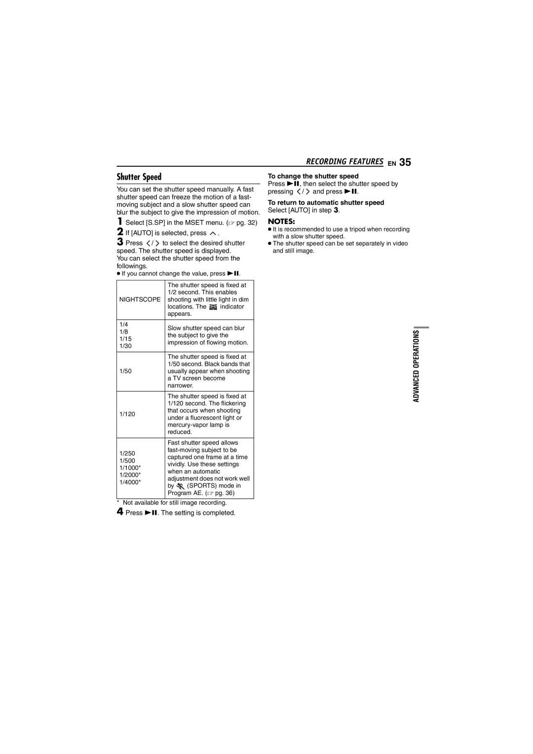 JVC LYT1495-001A manual Shutter Speed, To change the shutter speed, To return to automatic shutter speed 