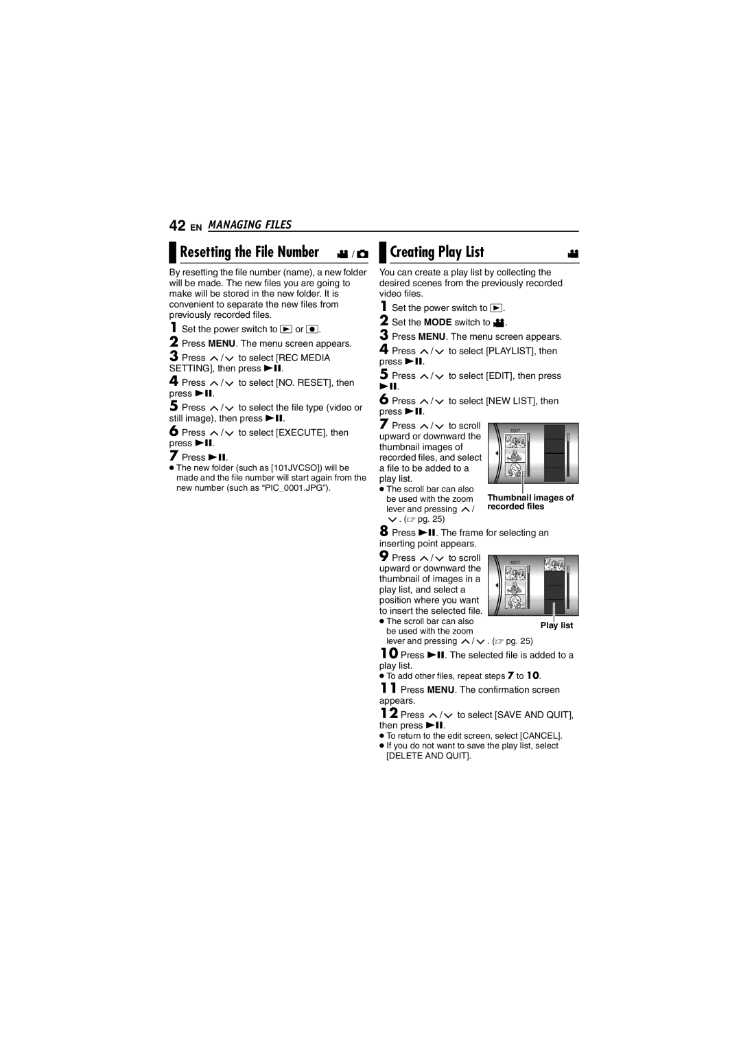 JVC LYT1495-001A manual Resetting the File Number, Creating Play List 