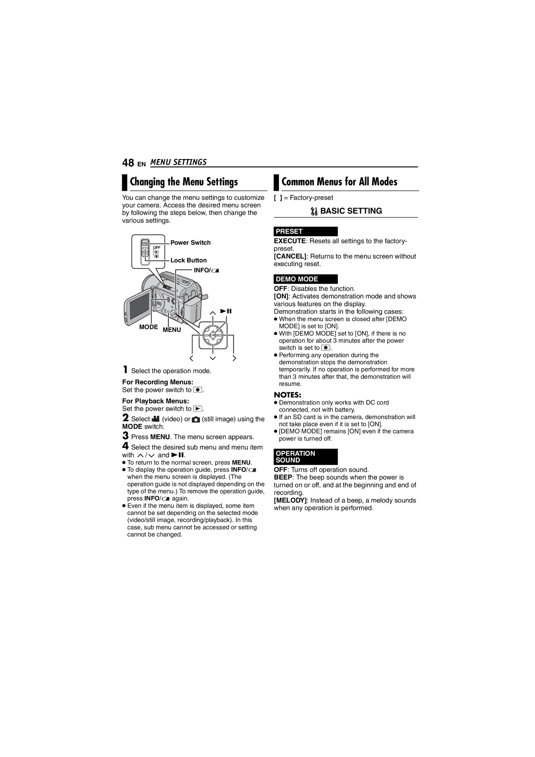 JVC LYT1495-001A Changing the Menu Settings, Common Menus for All Modes, Select the operation mode, For Recording Menus 