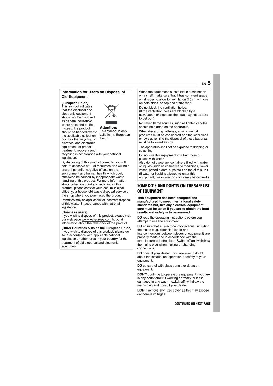 JVC LYT1495-001A manual Some DO’S and DON’TS on the Safe USE of Equipment 