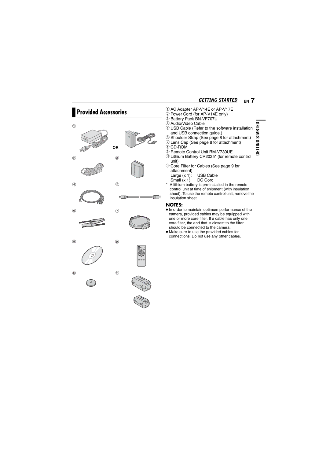 JVC LYT1495-001A manual Provided Accessories, Lens Cap See page 8 for attachment 