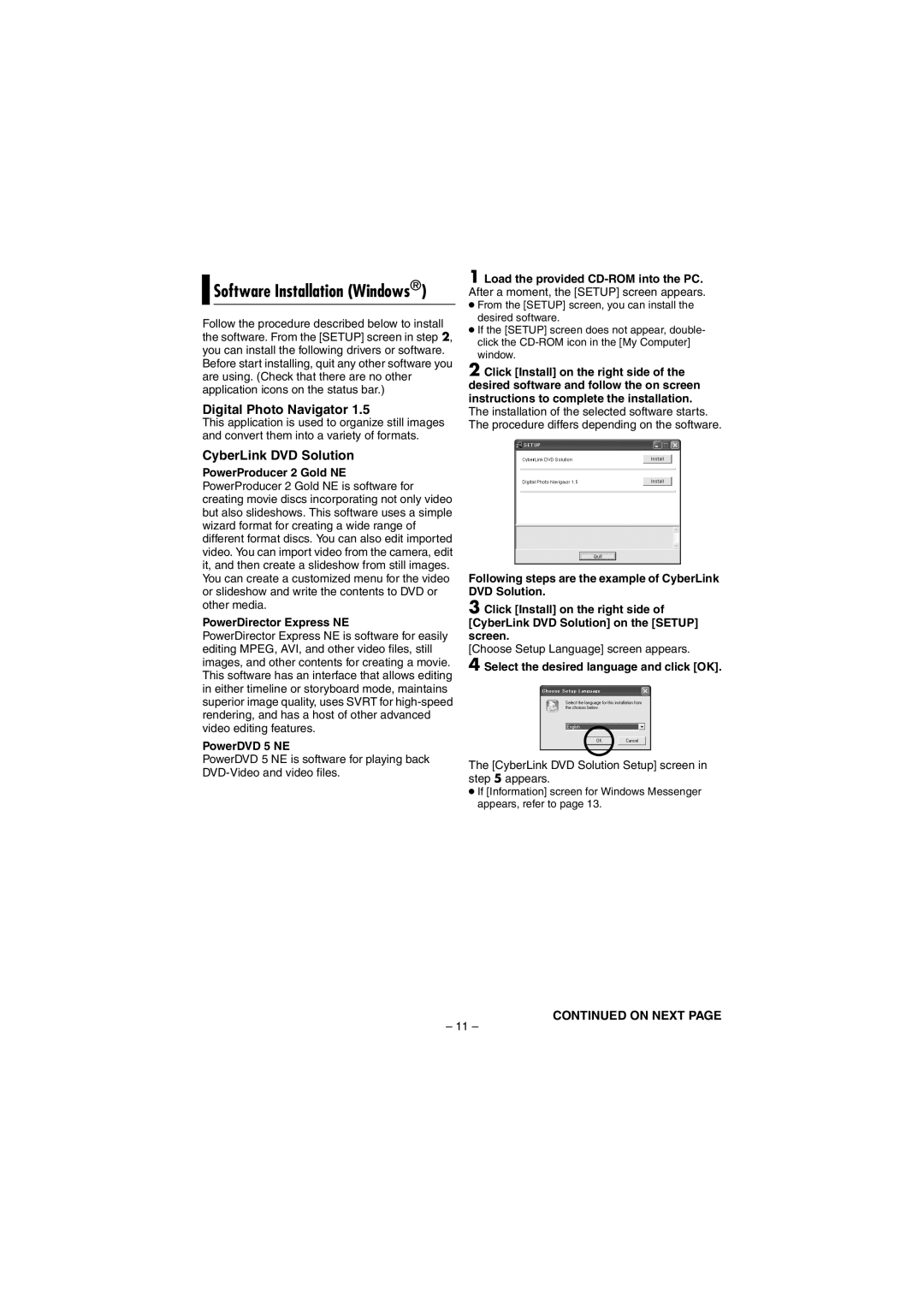 JVC LYT1495-001A manual Software Installation Windows, PowerDVD 5 NE, Load the provided CD-ROM into the PC 