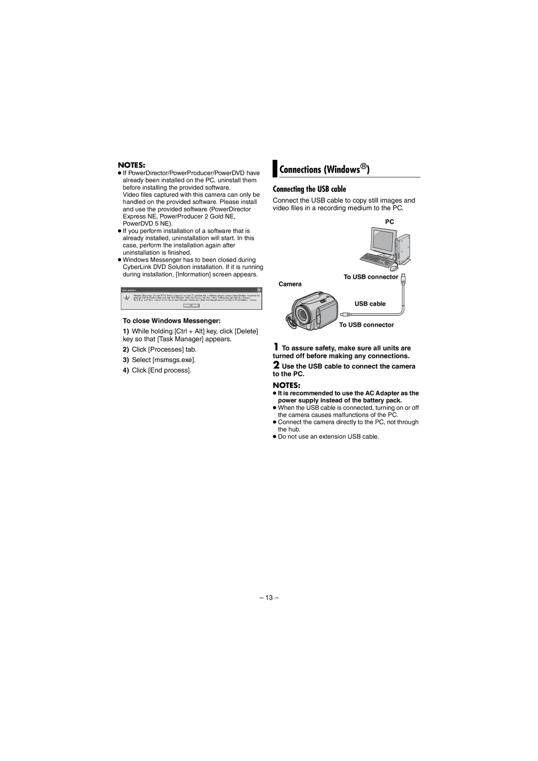 JVC LYT1495-001A manual Connections Windows, Connecting the USB cable, To close Windows Messenger 