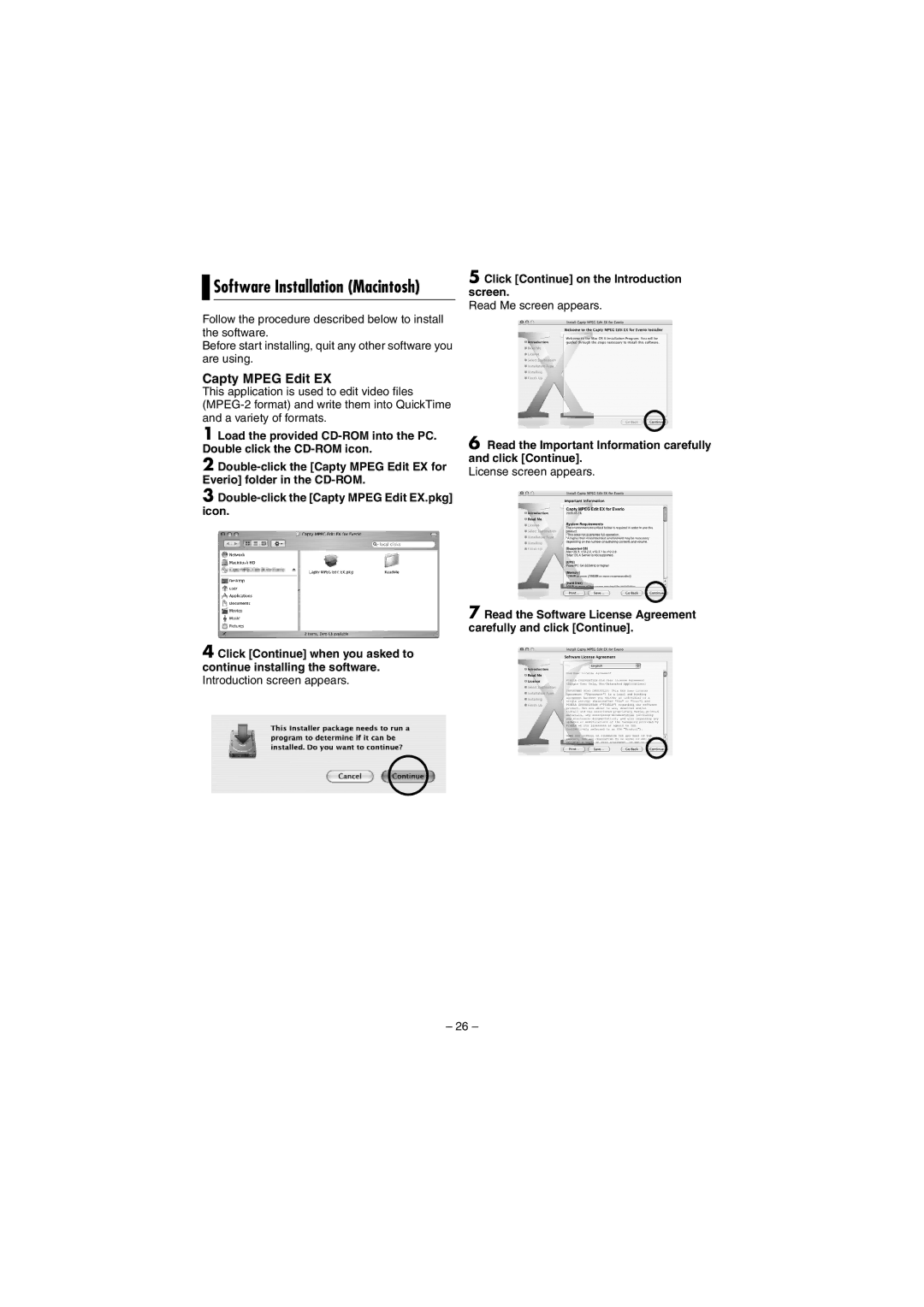 JVC LYT1495-001A manual Software Installation Macintosh, Read Me screen appears, License screen appears 