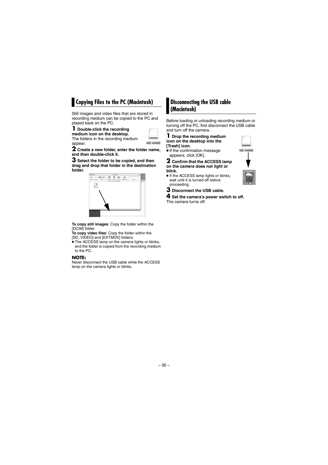 JVC LYT1495-001A manual Disconnecting the USB cable Macintosh, Copying Files to the PC Macintosh 