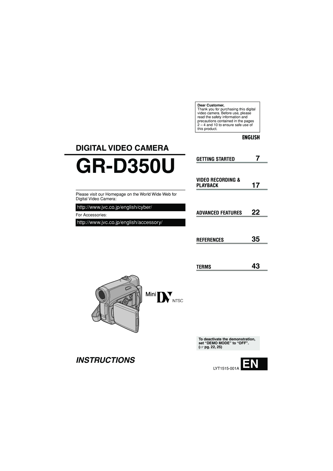 JVC 1105ASR-NF-VM, LYT1515-001A manual GR-D350U, Dear Customer 