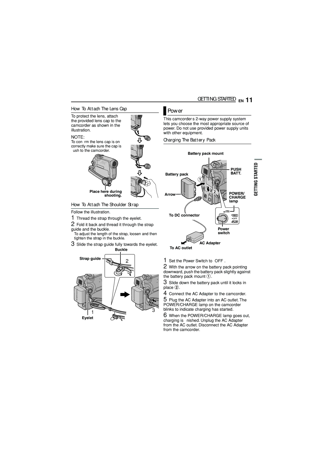 JVC 1105ASR-NF-VM manual Power, How To Attach The Lens Cap, How To Attach The Shoulder Strap, Charging The Battery Pack 