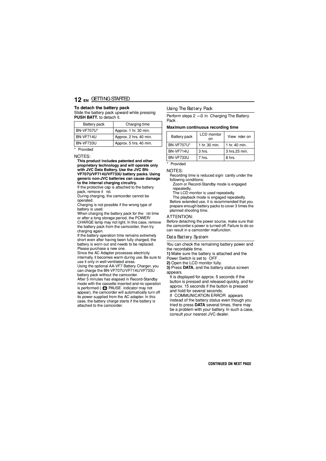 JVC LYT1515-001A, 1105ASR-NF-VM manual Data Battery System, Maximum continuous recording time 