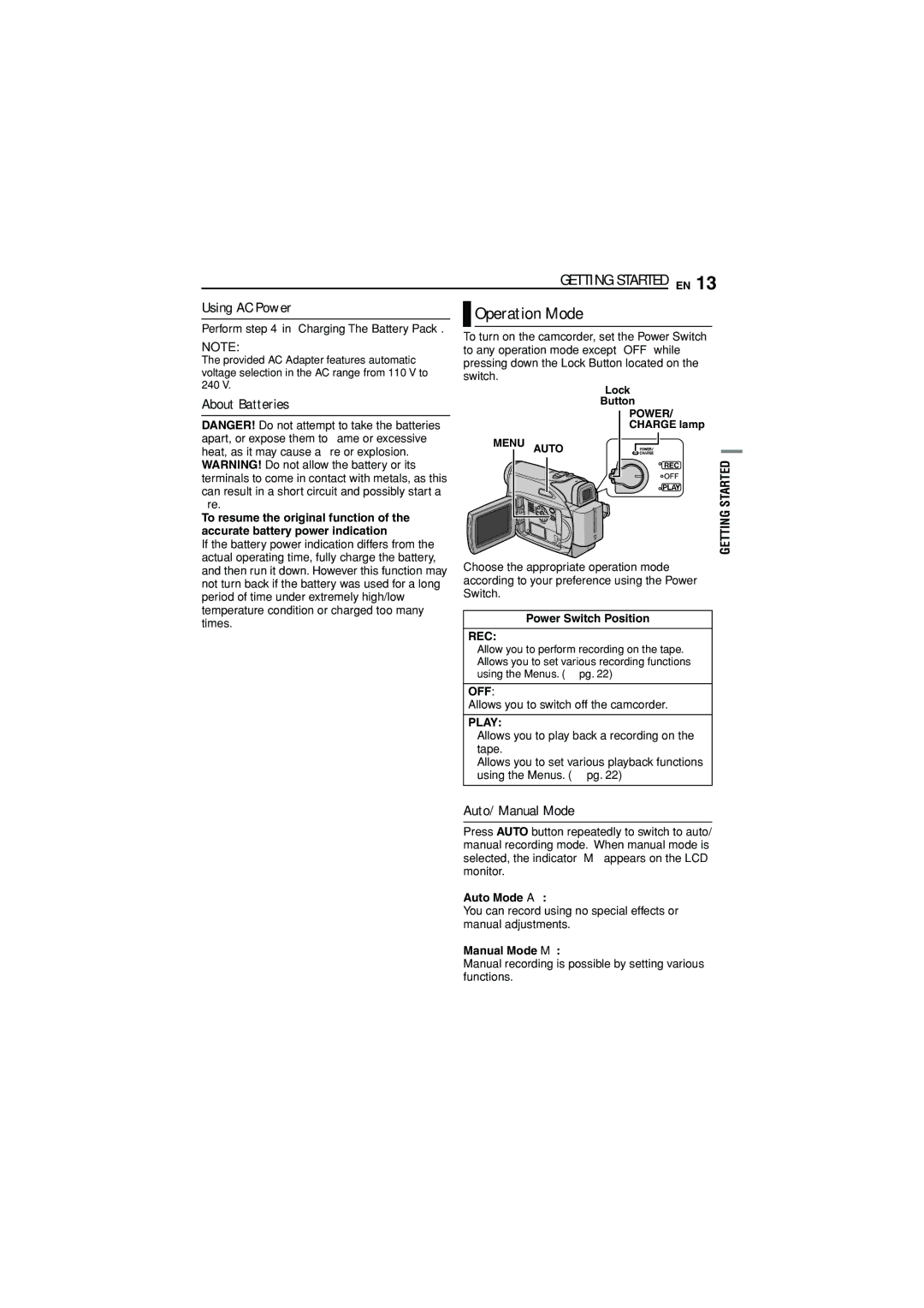 JVC 1105ASR-NF-VM, LYT1515-001A manual Operation Mode, Using AC Power, About Batteries, Auto/Manual Mode 