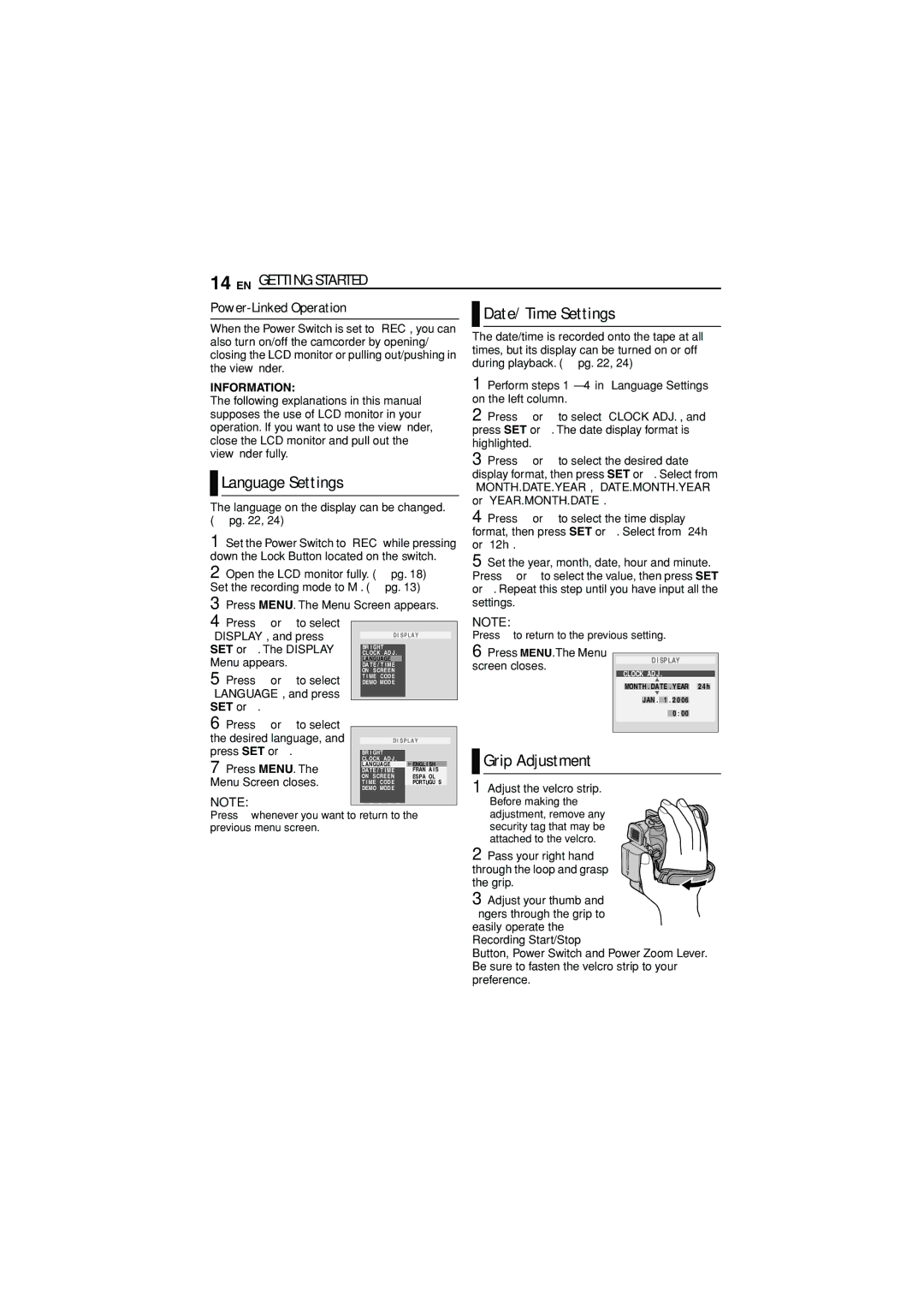 JVC LYT1515-001A, 1105ASR-NF-VM manual Date/Time Settings, Language Settings, Information, SET or 