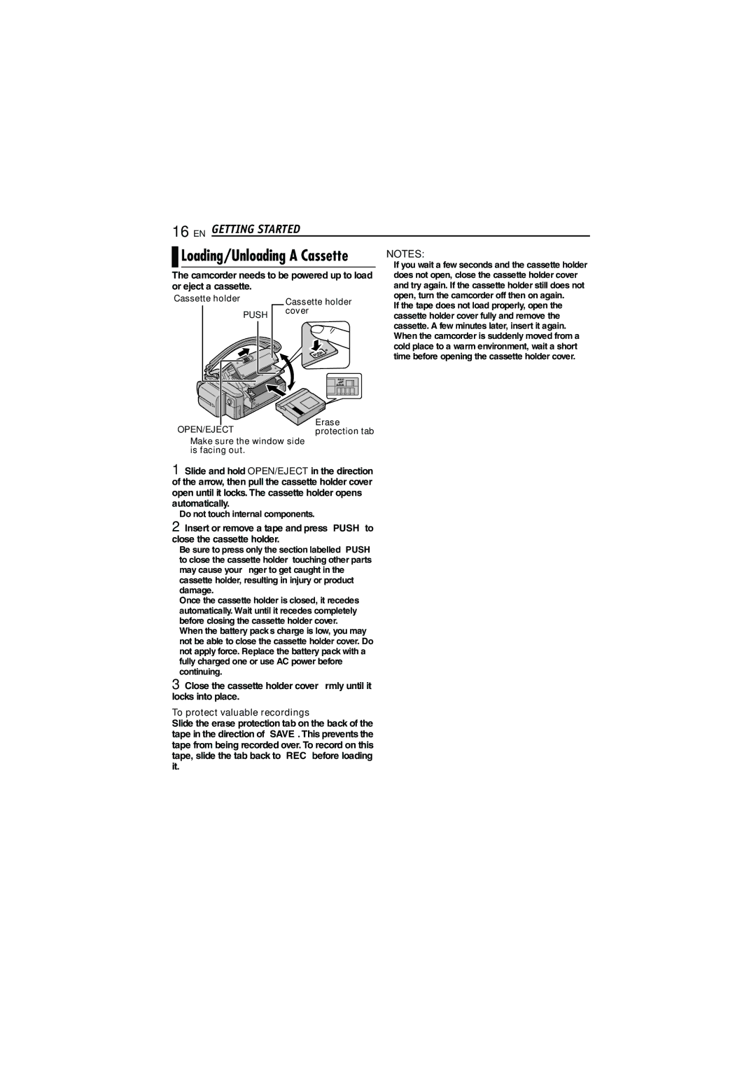 JVC LYT1515-001A manual Camcorder needs to be powered up to load, Or eject a cassette, To protect valuable recordings 