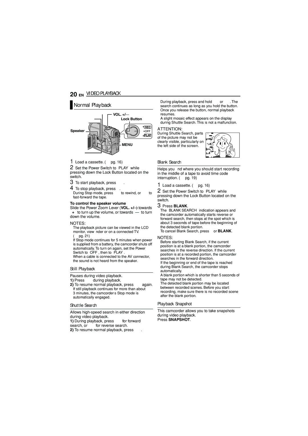 JVC LYT1515-001A, 1105ASR-NF-VM manual EN Video Playback, Blank Search, Playback Snapshot, Press Snapshot 