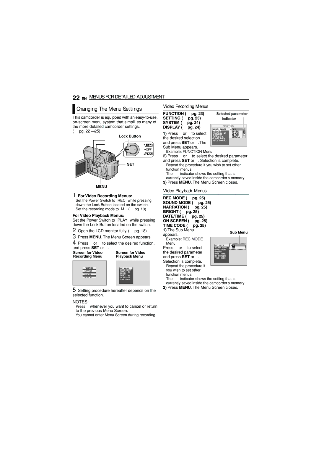 JVC LYT1515-001A, 1105ASR-NF-VM manual EN Menus for Detailed Adjustment, Video Recording Menus, Video Playback Menus 