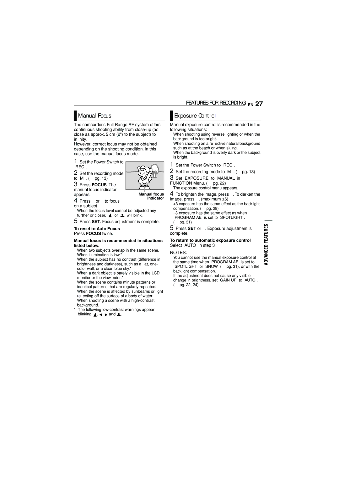 JVC 1105ASR-NF-VM, LYT1515-001A manual Manual Focus, Exposure Control, To reset to Auto Focus 