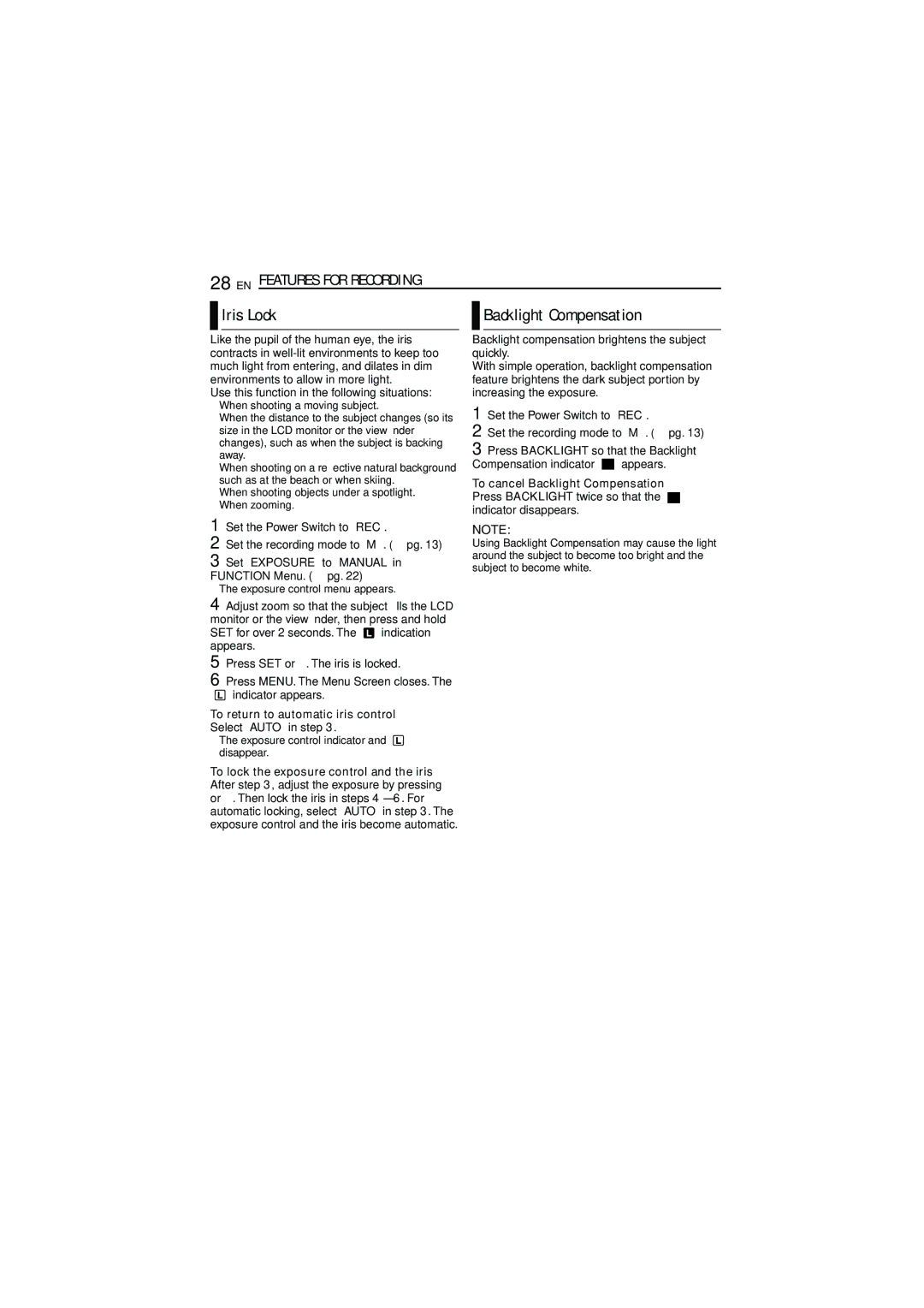 JVC LYT1515-001A, 1105ASR-NF-VM manual Iris Lock, EN Features for Recording, To return to automatic iris control 