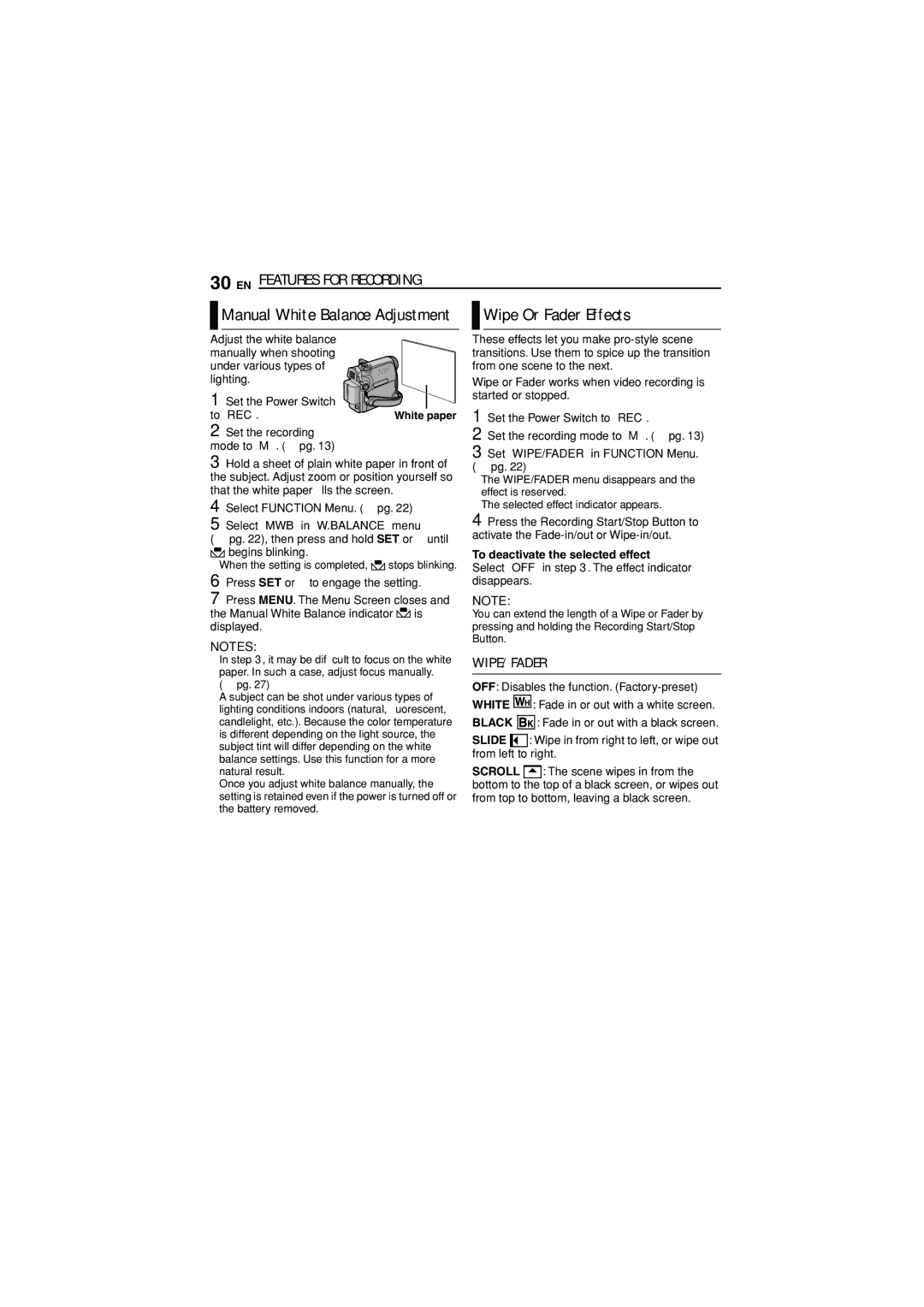 JVC LYT1515-001A, 1105ASR-NF-VM manual To REC, Set WIPE/FADER in Function Menu.  pg, To deactivate the selected effect 