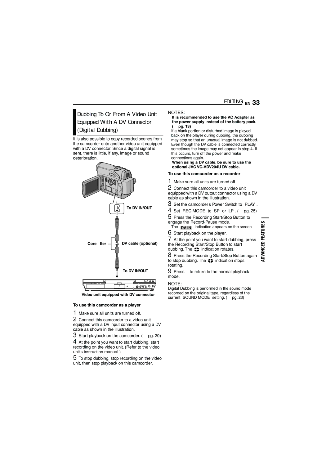 JVC 1105ASR-NF-VM, LYT1515-001A manual Digital Dubbing, Equipped With a DV Connector 