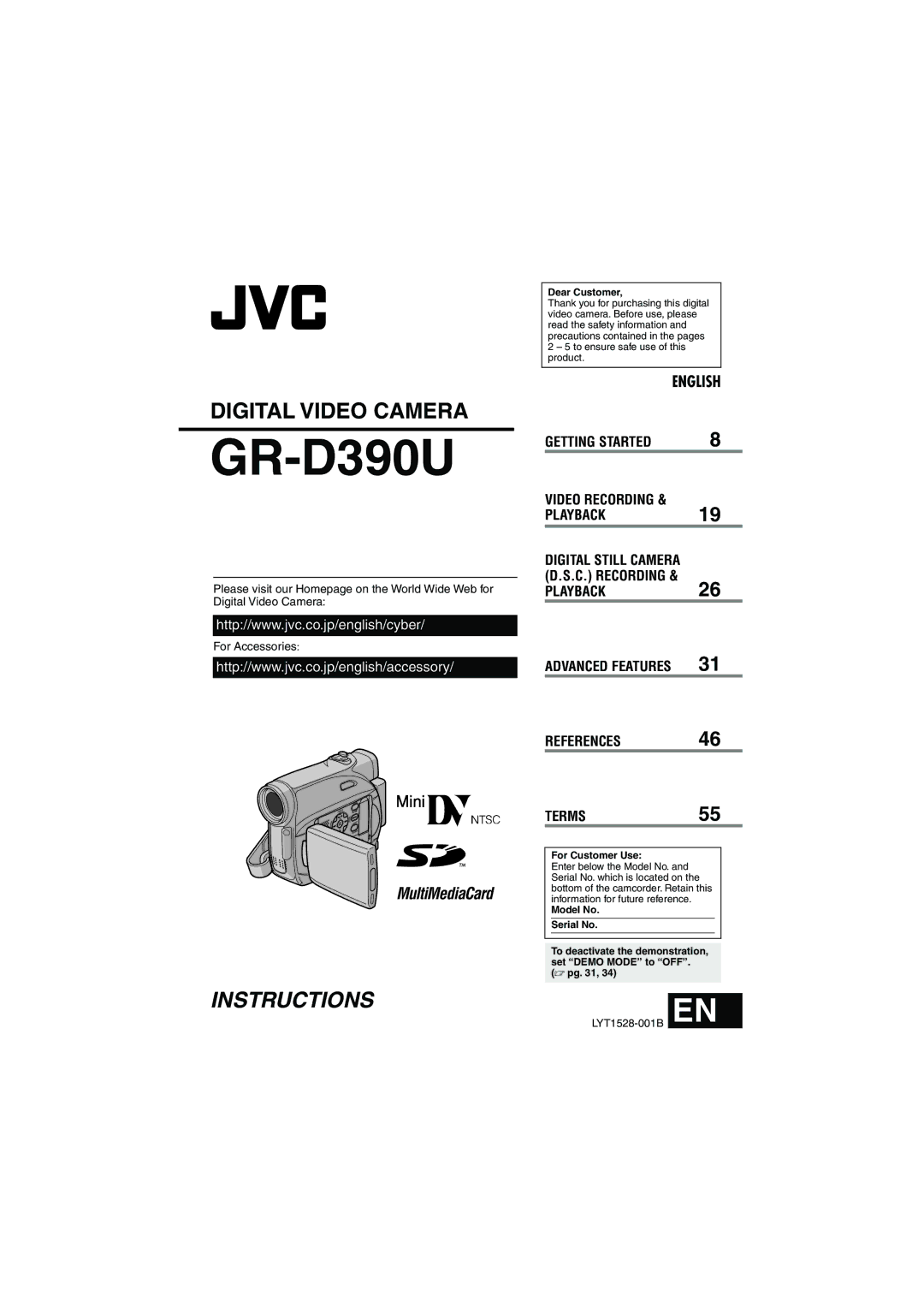 JVC 0206ASR-NF-VM manual Digital Still Camera D.S.C. Recording, Dear Customer, For Customer Use, Model No Serial No 