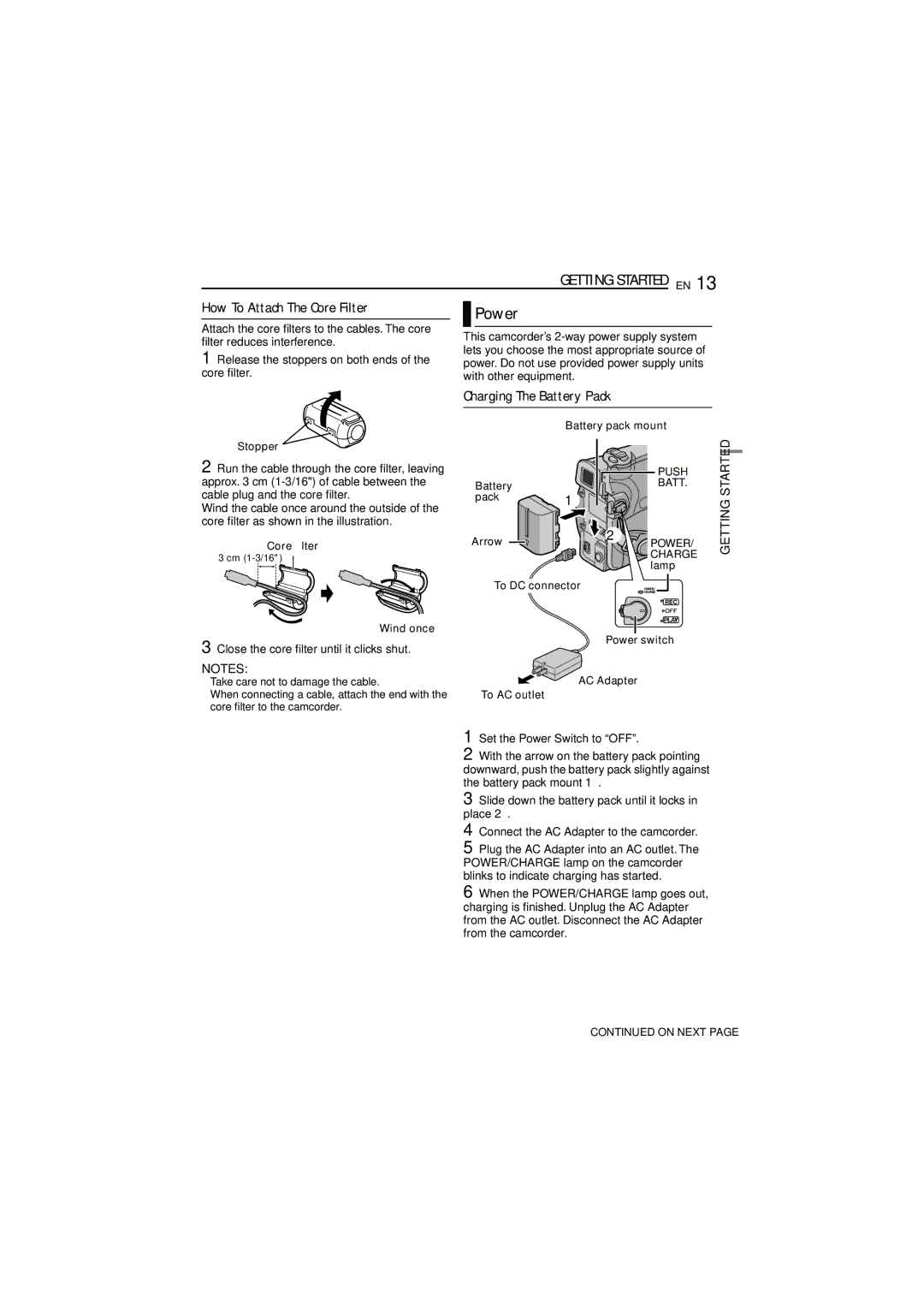 JVC 0206ASR-NF-VM, LYT1528-001B manual Power, How To Attach The Core Filter, Charging The Battery Pack 