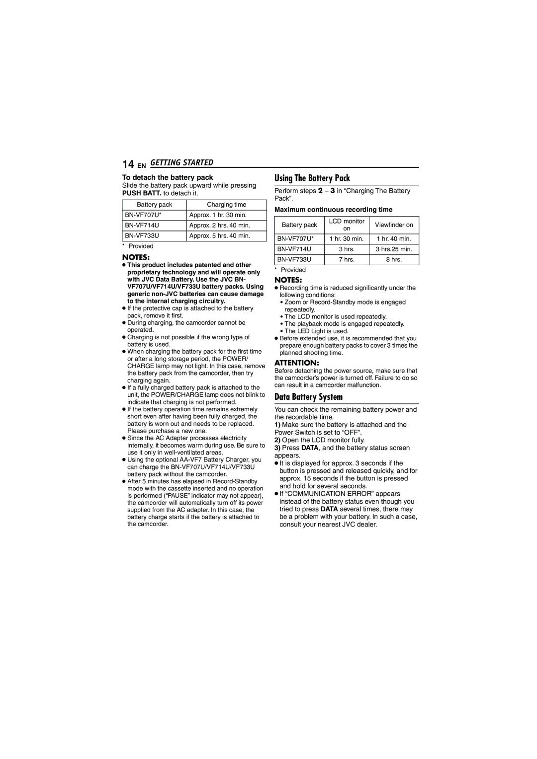 JVC LYT1528-001B, 0206ASR-NF-VM manual Data Battery System, Maximum continuous recording time 