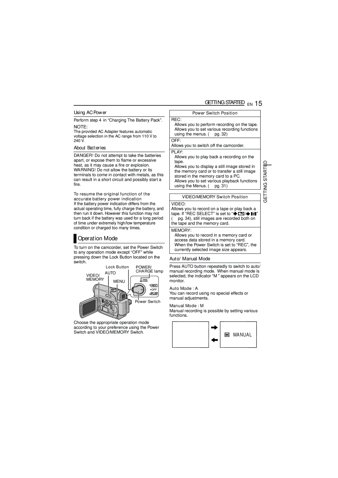 JVC 0206ASR-NF-VM, LYT1528-001B manual Operation Mode, Using AC Power, About Batteries, Auto/Manual Mode 