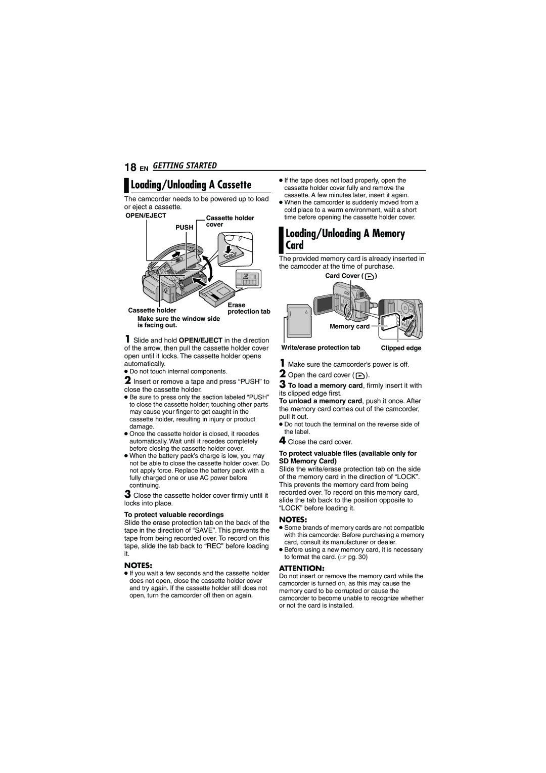 JVC LYT1528-001B, 0206ASR-NF-VM manual Card, Loading/Unloading a Memory, To protect valuable recordings 