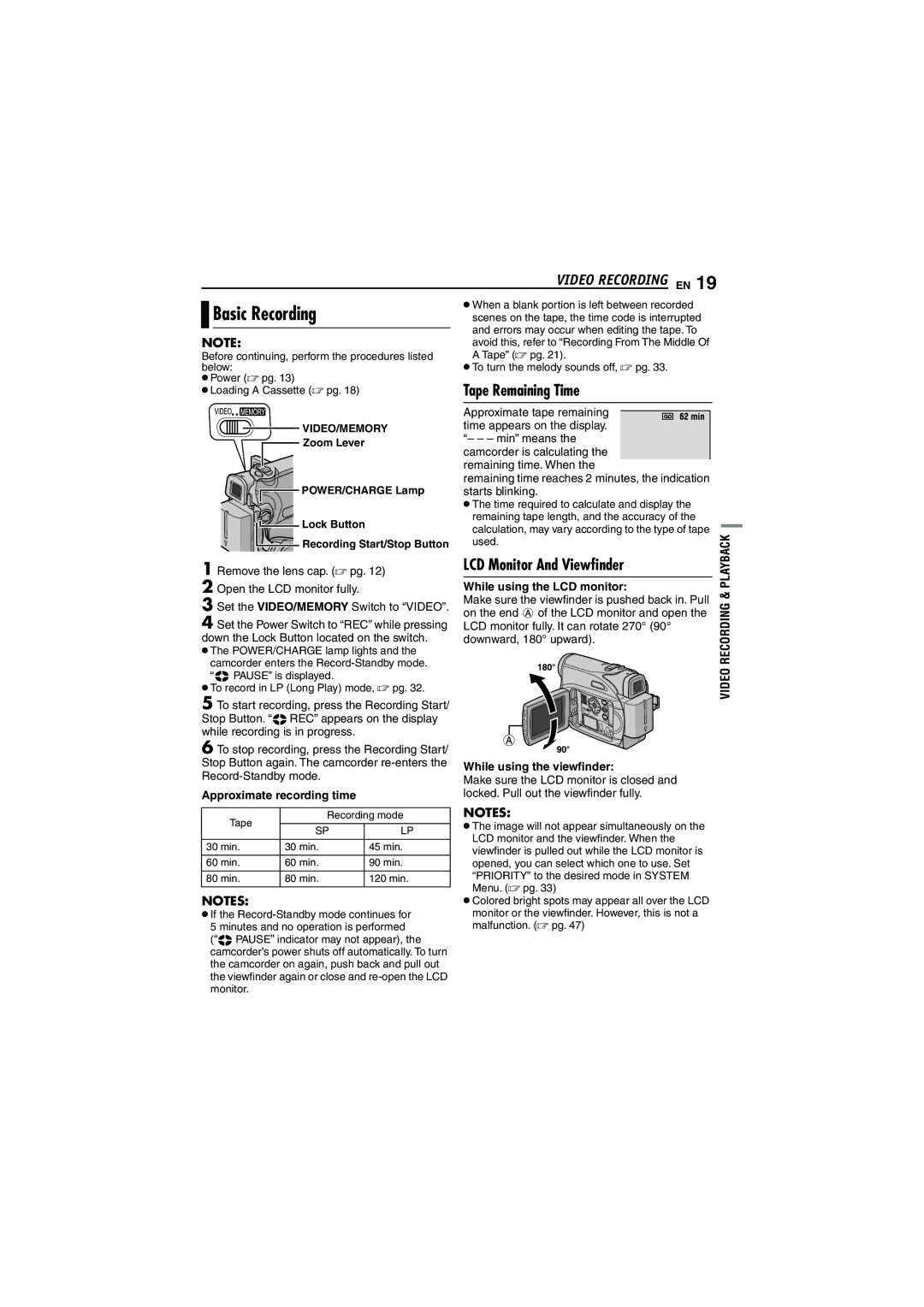 JVC 0206ASR-NF-VM, LYT1528-001B manual Basic Recording, Tape Remaining Time, LCD Monitor And Viewﬁnder 