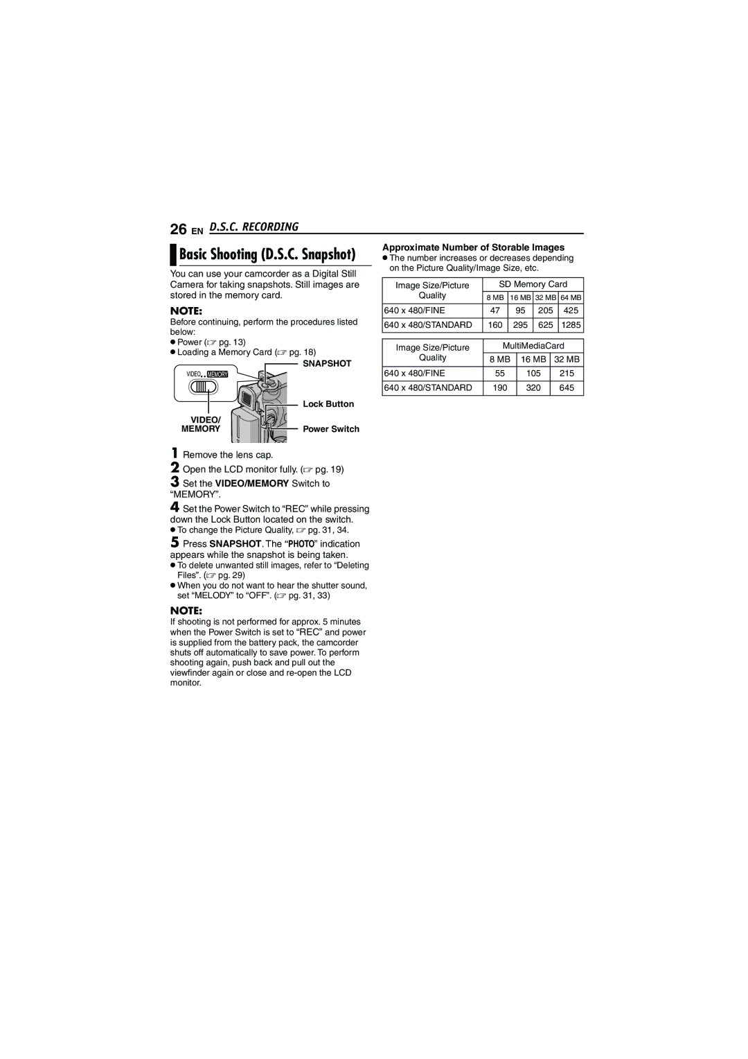 JVC LYT1528-001B, 0206ASR-NF-VM EN D.S.C. Recording, Basic Shooting D.S.C. Snapshot, Approximate Number of Storable Images 