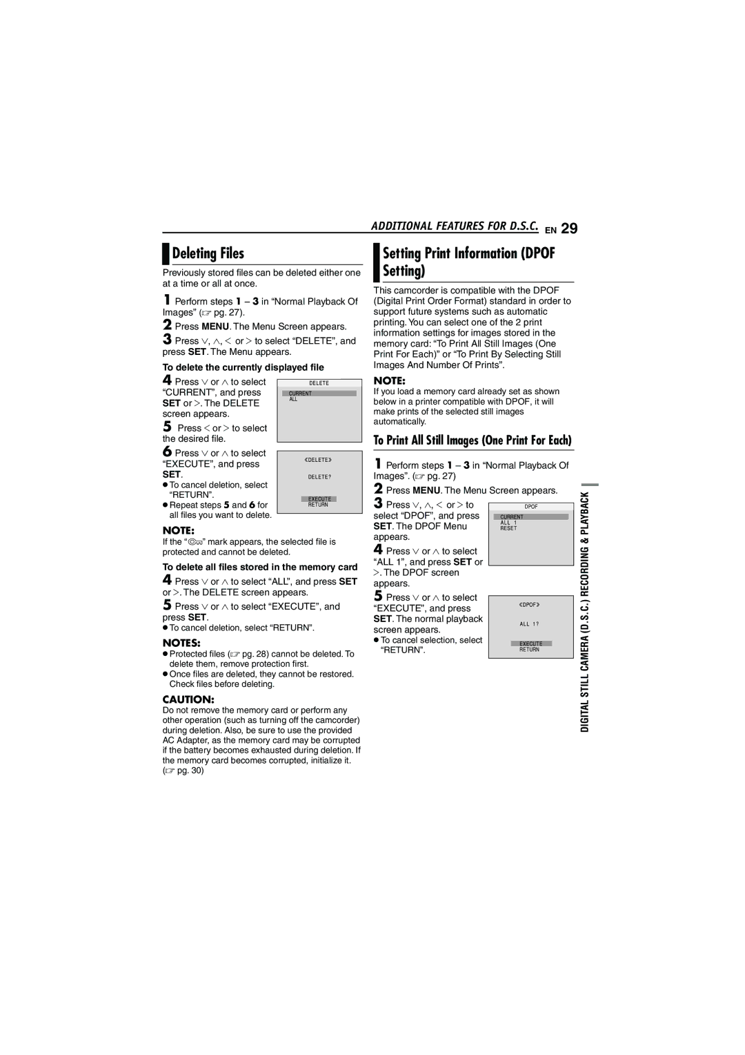 JVC 0206ASR-NF-VM manual Deleting Files, Setting Print Information Dpof Setting, To delete the currently displayed ﬁle 