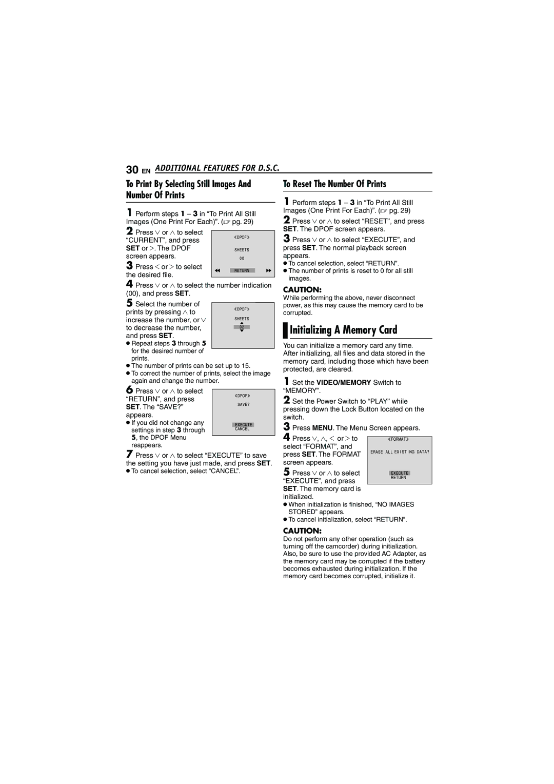 JVC LYT1528-001B, 0206ASR-NF-VM manual Initializing a Memory Card, To Reset The Number Of Prints 