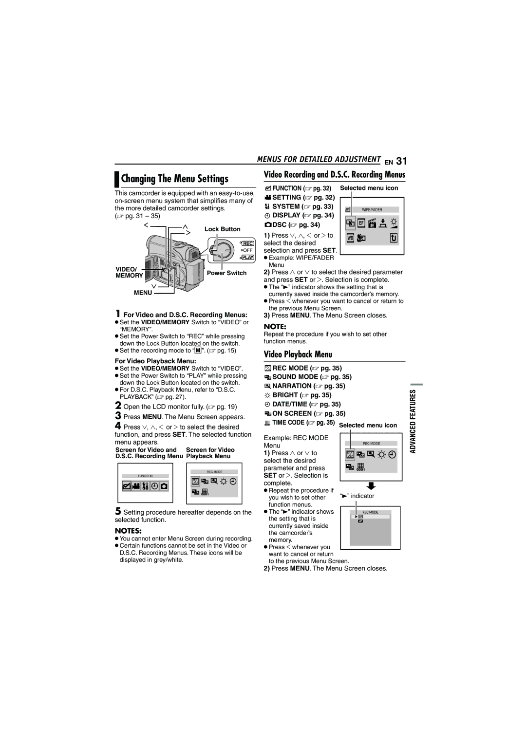 JVC 0206ASR-NF-VM, LYT1528-001B manual For Video and D.S.C. Recording Menus, For Video Playback Menu 