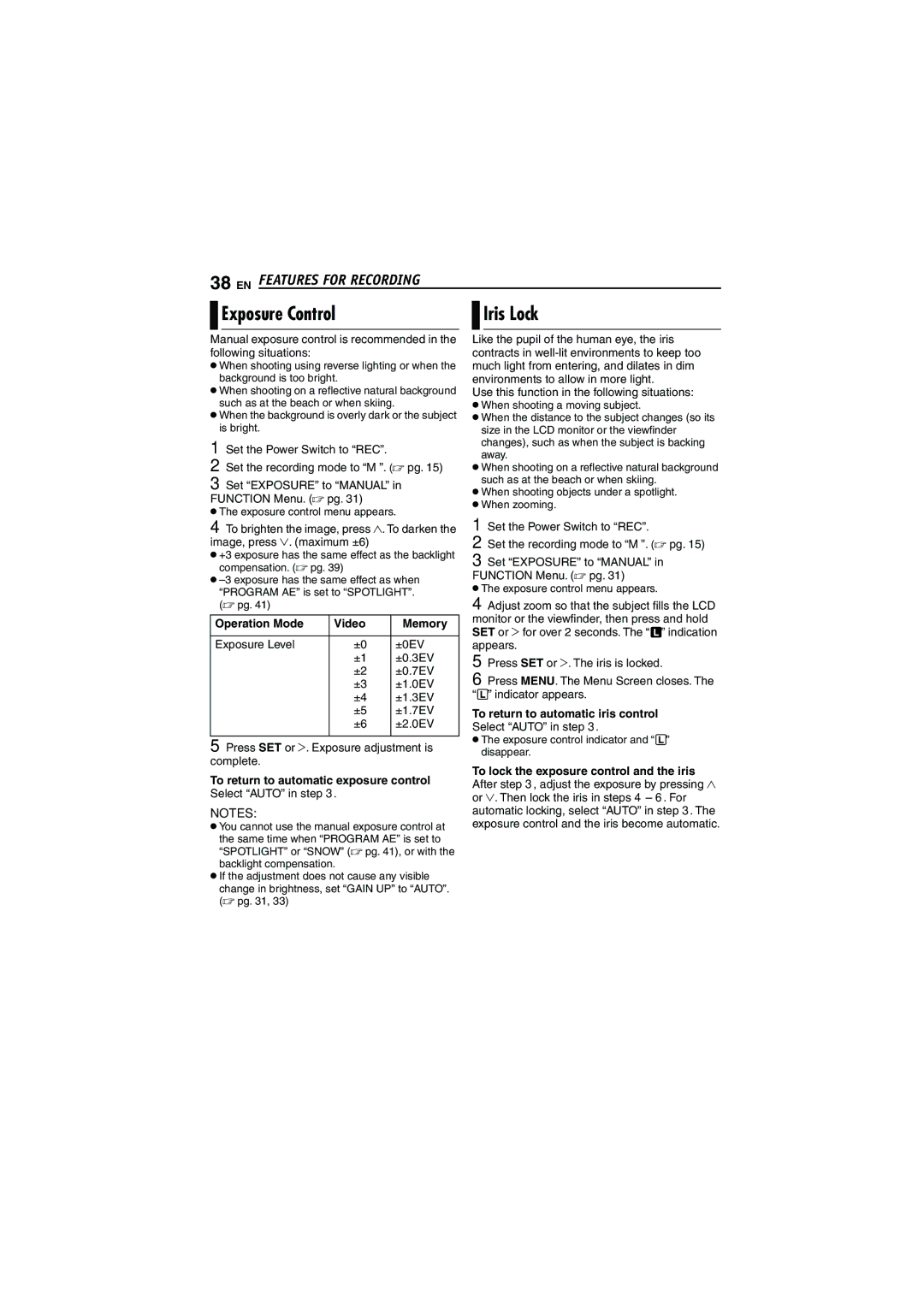 JVC LYT1528-001B, 0206ASR-NF-VM Exposure Control, Operation Mode Video Memory, To return to automatic exposure control 