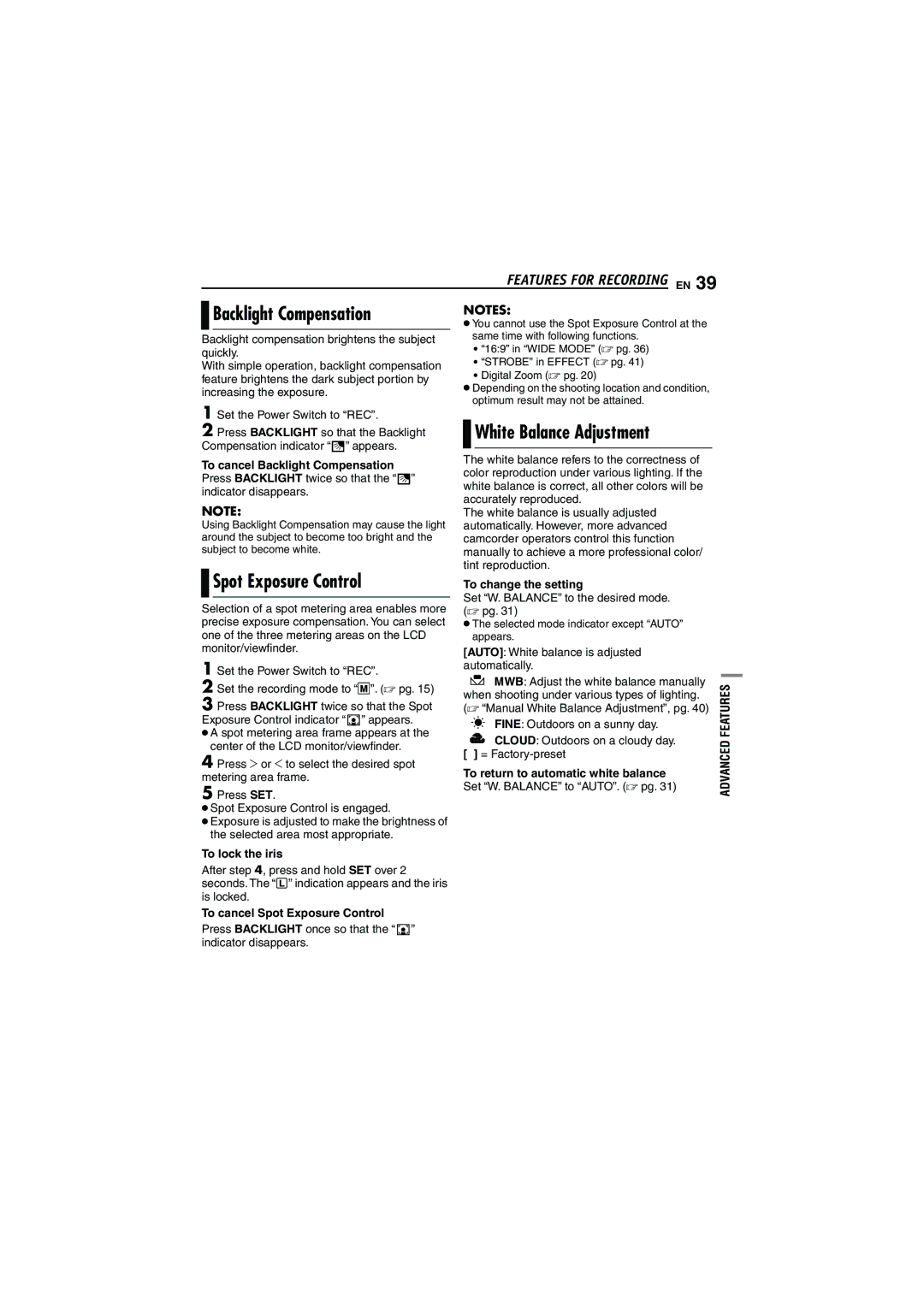 JVC 0206ASR-NF-VM, LYT1528-001B manual Backlight Compensation, White Balance Adjustment, Spot Exposure Control 