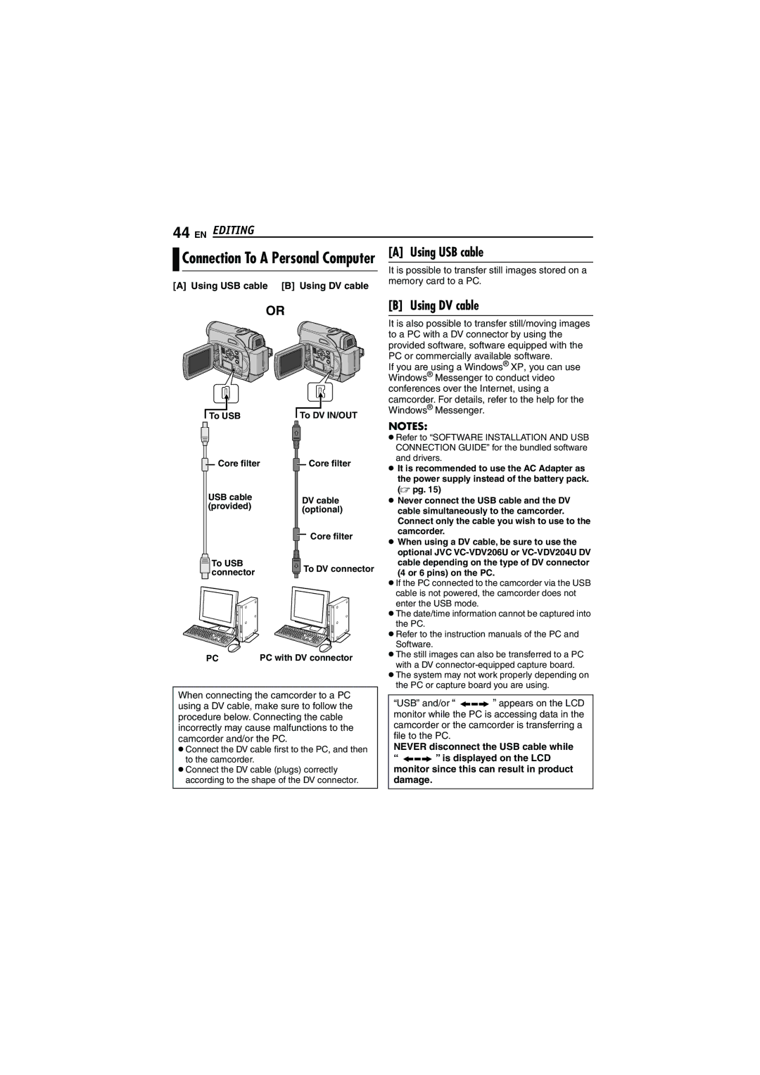 JVC LYT1528-001B, 0206ASR-NF-VM manual Using USB cable B Using DV cable, Memory card to a PC 