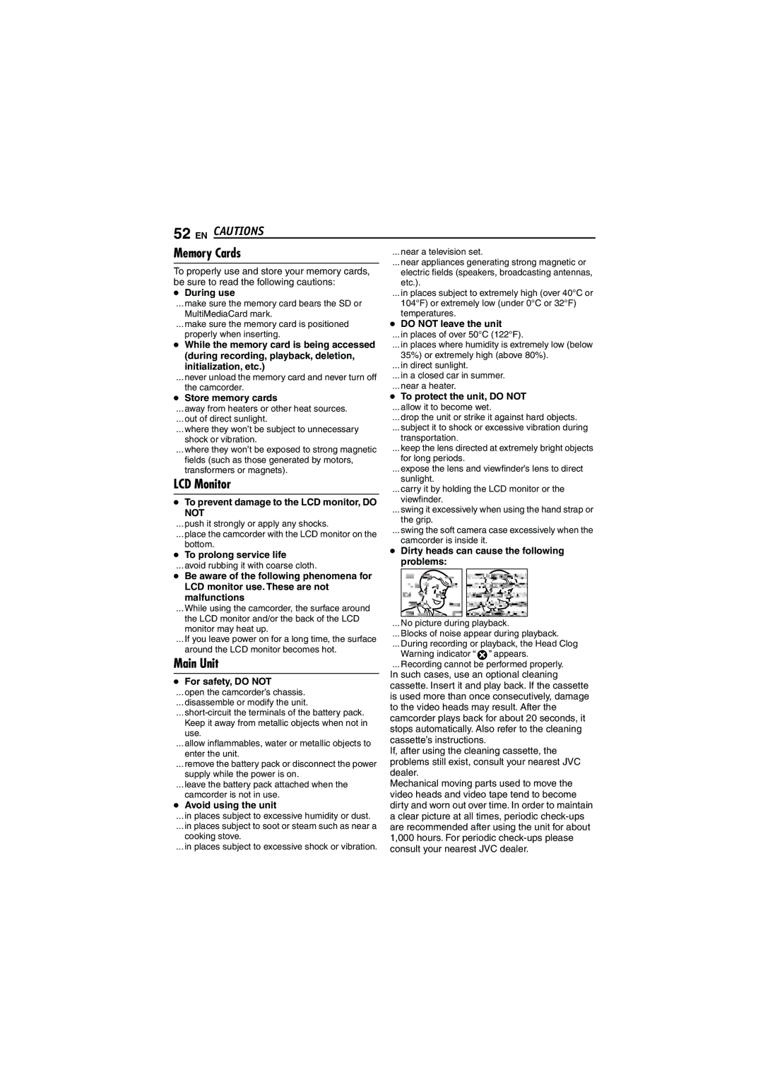 JVC LYT1528-001B, 0206ASR-NF-VM manual EN Cautions, Memory Cards, LCD Monitor, Main Unit, Not 