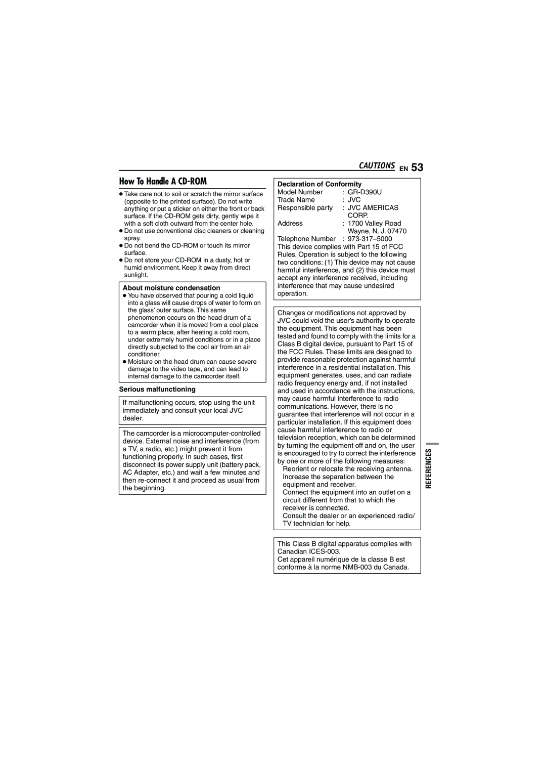 JVC 0206ASR-NF-VM How To Handle a CD-ROM, Declaration of Conformity, About moisture condensation, Serious malfunctioning 