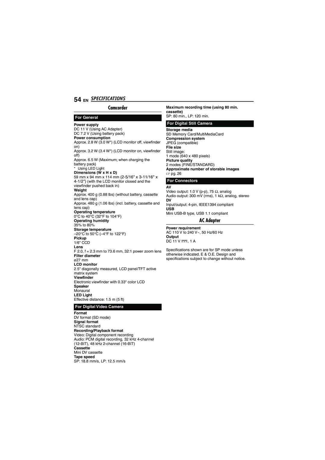 JVC LYT1528-001B, 0206ASR-NF-VM manual EN Specifications, Camcorder 