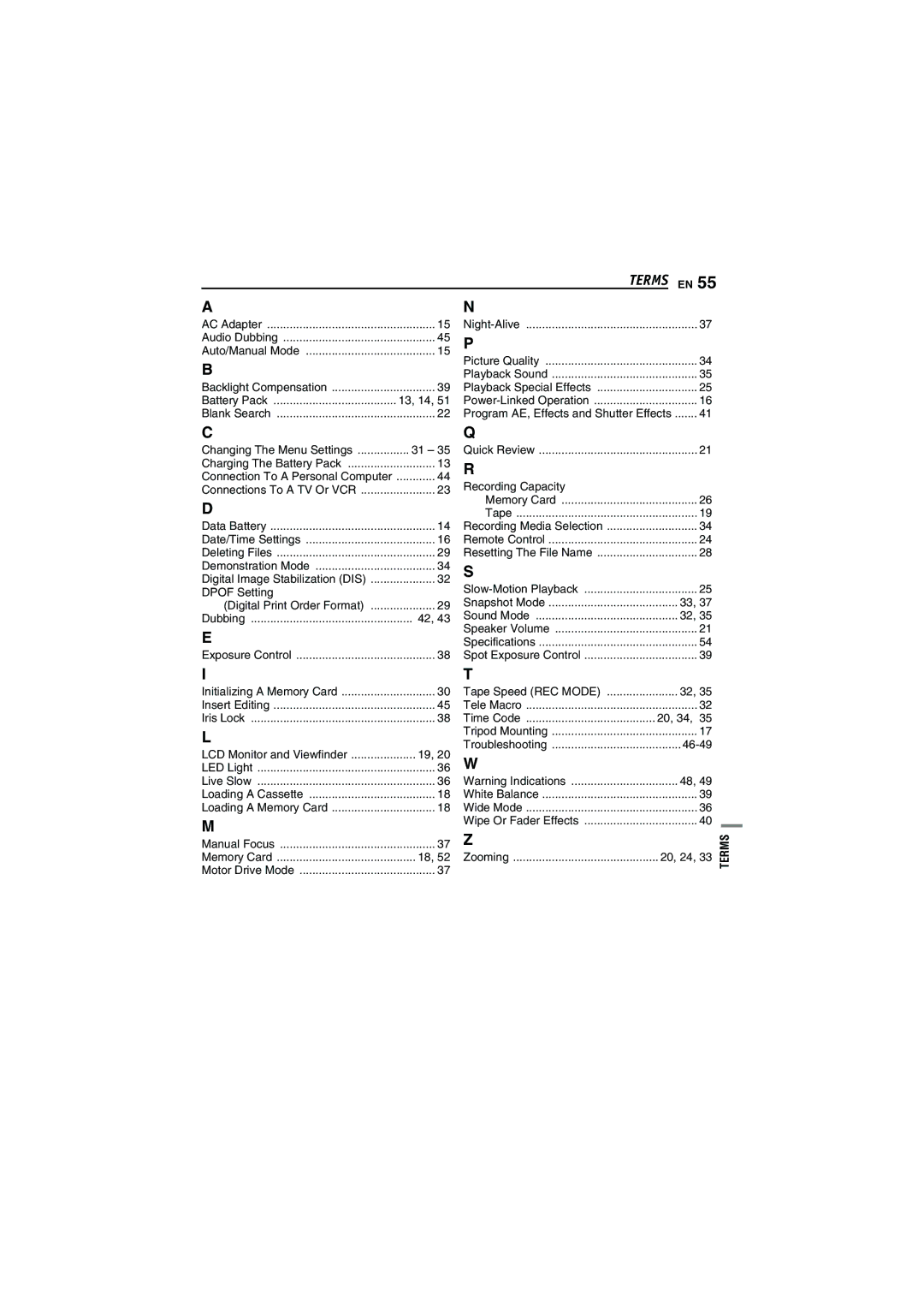 JVC 0206ASR-NF-VM, LYT1528-001B manual Terms EN, Recording Capacity, Dpof Setting, 46-49 