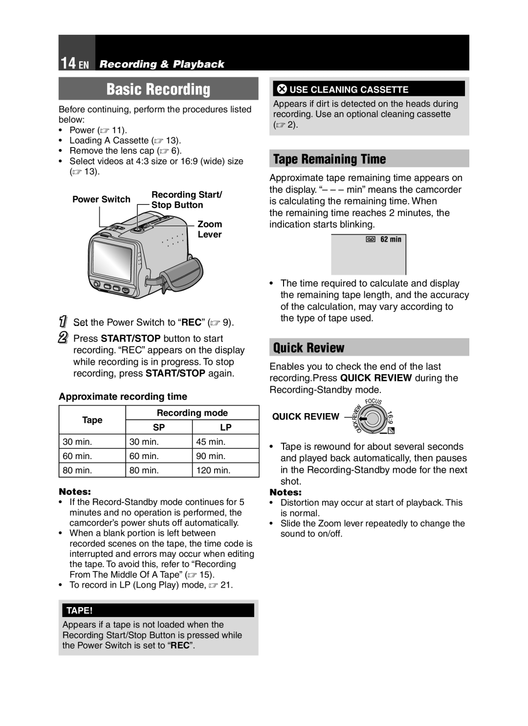 JVC LYT1776-001A manual Basic Recording, Tape Remaining Time, Quick Review, Approximate recording time, Shot 