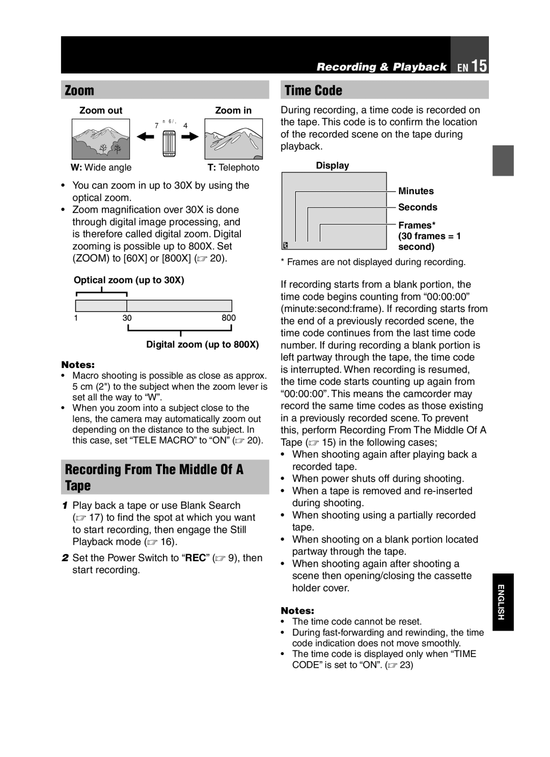 JVC LYT1776-001A Zoom, Recording From The Middle Of a Tape, Time Code, You can zoom in up to 30X by using the optical zoom 