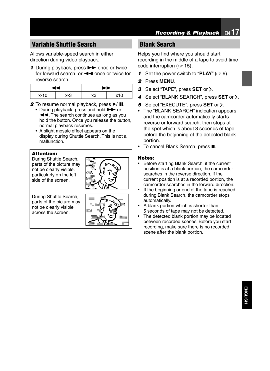 JVC LYT1776-001A manual Variable Shuttle Search, Blank Search, To resume normal playback, press U 