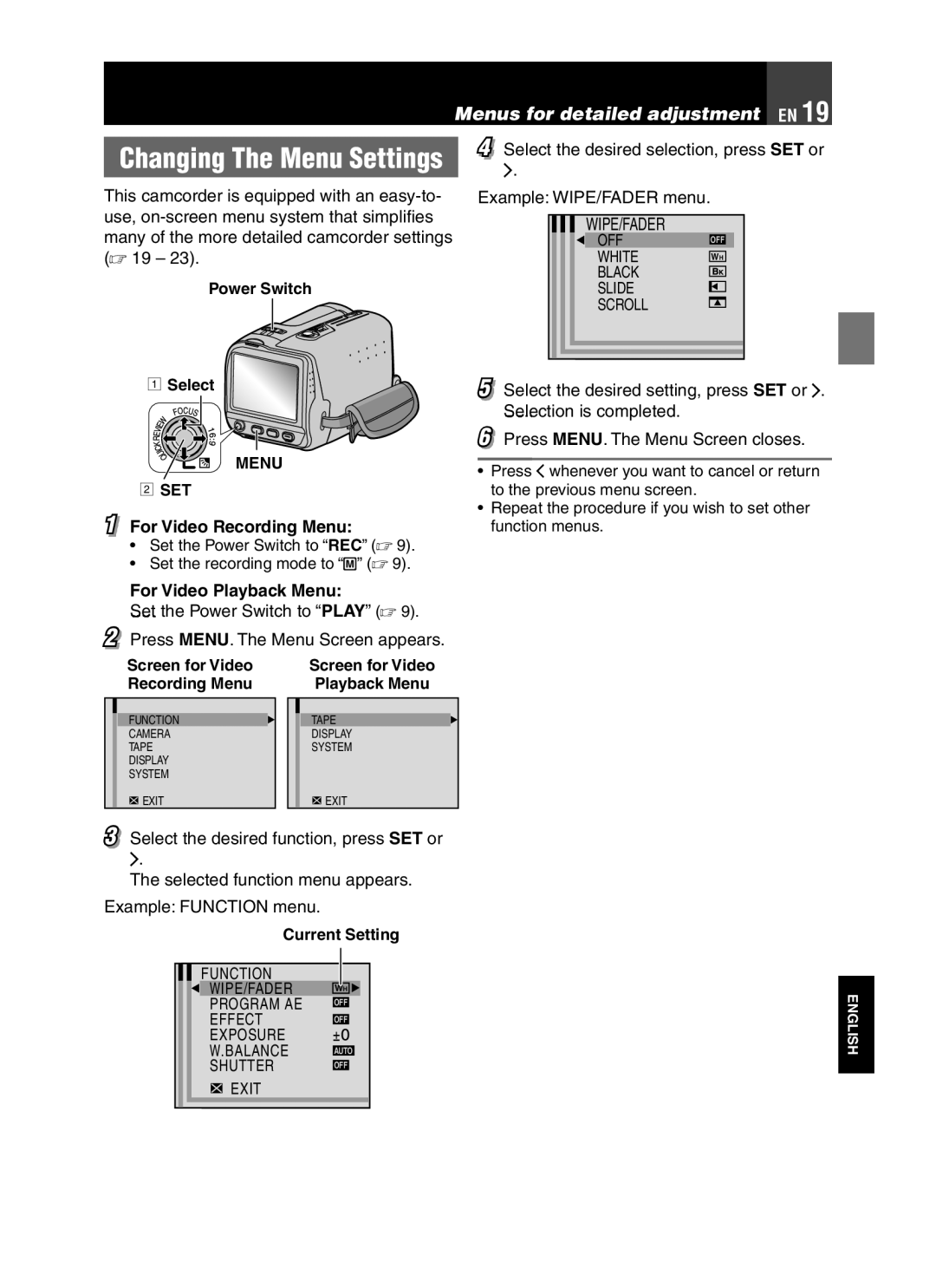 JVC LYT1776-001A manual For Video Recording Menu, For Video Playback Menu 